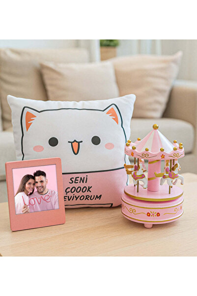 Theikonstore Seni Seviyorum Yastık & Çerçeve & Atlı Karınca Müzik Kutusu Hedi...