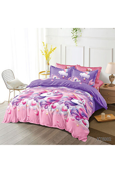 FIONNA.RO Finet 6-Piece Bed Linen With Elastic Animated Print - Unicorn And Hearts