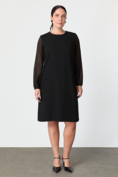 accort Büyük Beden Şifon Detay Krep Elbise-SİYAH