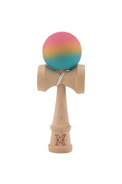 Kendama X Originala, Profesionala, din Lemn, Rubber Grip, 18 cm, Roz/Galben/A...