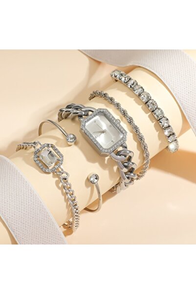 REDz Accessories Set de ceas și 4 brățări elegante, model cu diamant, cristale de zirconiu, femei, metal, argintiu