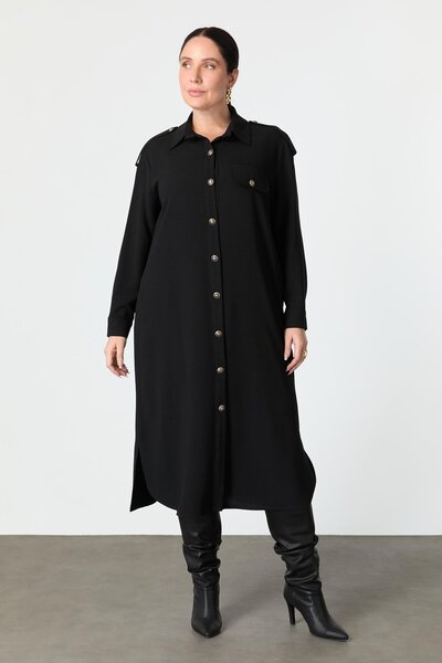 accort Büyük Beden Düğme Detay Krep Elbise-SİYAH