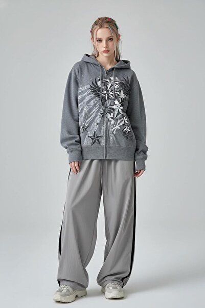 Karakedi Anthracite Stars Skull Gothic Y2K Hooded Unisex Cardigan