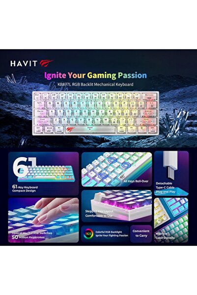 Havit لوحة مفاتيح الألعاب KB877L Membrane، بيضاء شفافة - 61 مفتاحًا بإضاءة خلفية RGB مع مفاتيح الوسائط المتعددة،