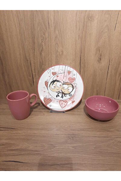 Keramika Mama Set / Breakfast for One Person 3 Pieces Dried Rose with Hearts