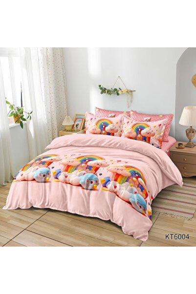 FIONNA.RO Finet 6-Piece Bed Linen With Elastic Animated Print - Pink Clouds And Rainbow