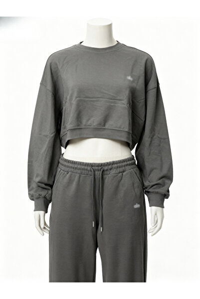 HepsitrentStore Crew Neck Crop Model Sweatshirt Tracksuit Bottom Top Set