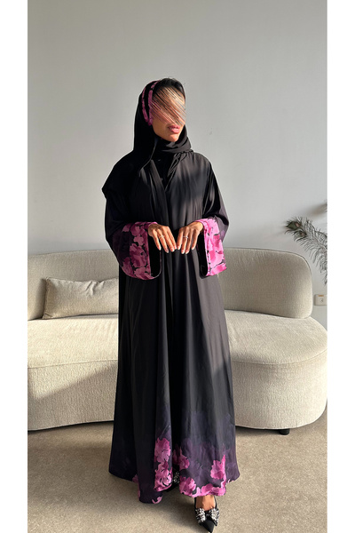 outline Black chiffon flared abaya with pink rose print