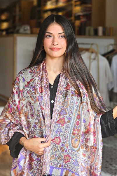 İpek Mor Pembe Desenli Yüzükten Geçen Şal