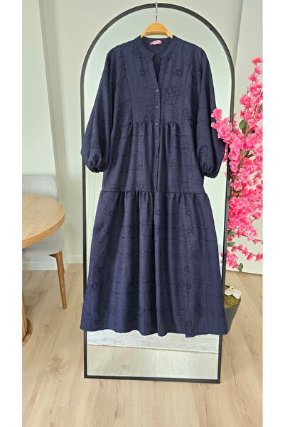 PREMİER VİE Tesettür Linen Fabric V-Neck Dress Navy Blue Color