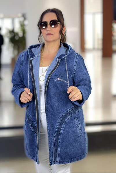yagmurberen Hooded Denim Jeans Jacket in Extra Battal Large Size with Stone Embellishment Detail.