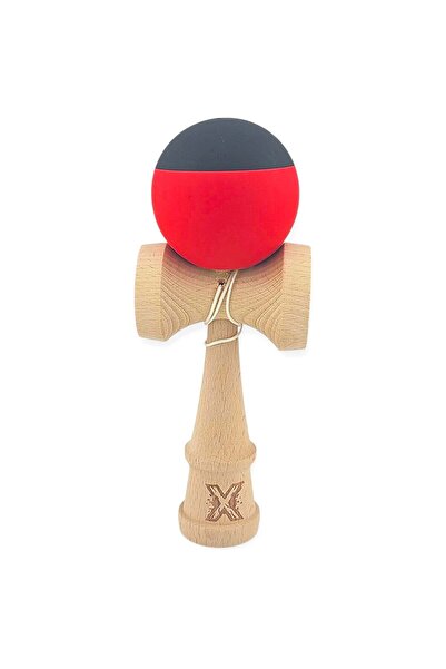 Kendama X Originala, Profesionala, 18 cm, din Lemn, Rubber Grip, Rosu/Negru