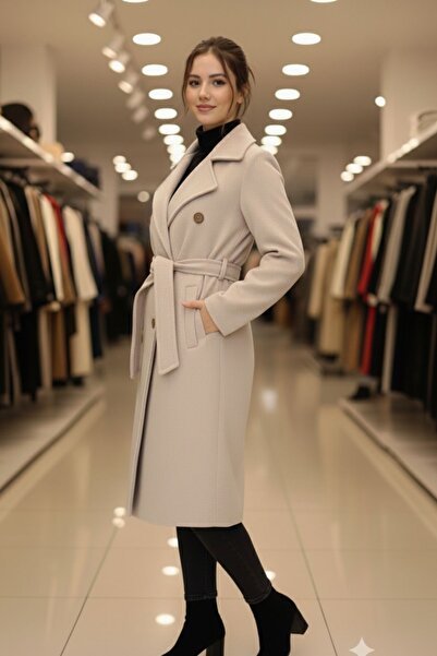 diaves Cream Belt Detailed Pocketed Buttoned Double-Breasted Cashmere Coat