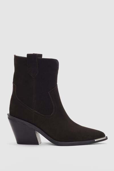 selin shoes Veona Hakiki Deri Burun Kısmı Aksesuar Detaylı Sivri Burun Kadın Bot- KAHVE SÜET