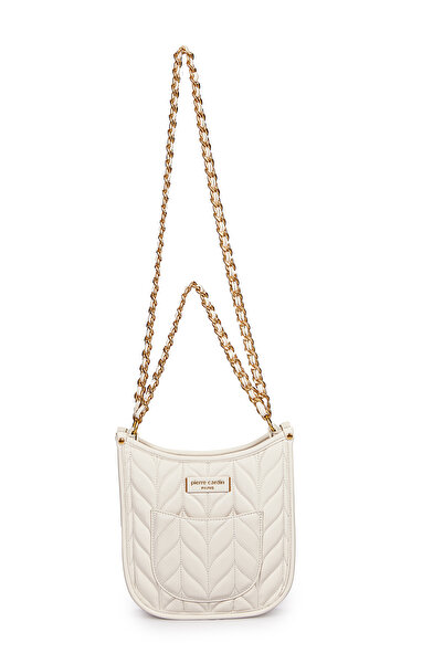 Pierre Cardin Geantă de umăr albă pentru femei, cu închidere magnetică, reglabilă, cu lanț auriu, cu detaliu încrucișat 05PC25Y10111