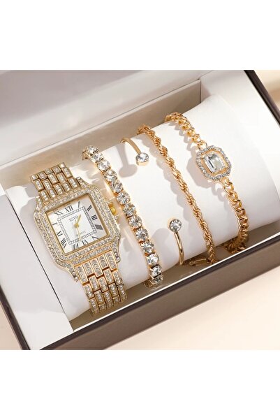 REDz Accessories Set de 4 brățări elegante și ceas, model Glamour, cristale de zirconiu, femei, metal, auriu