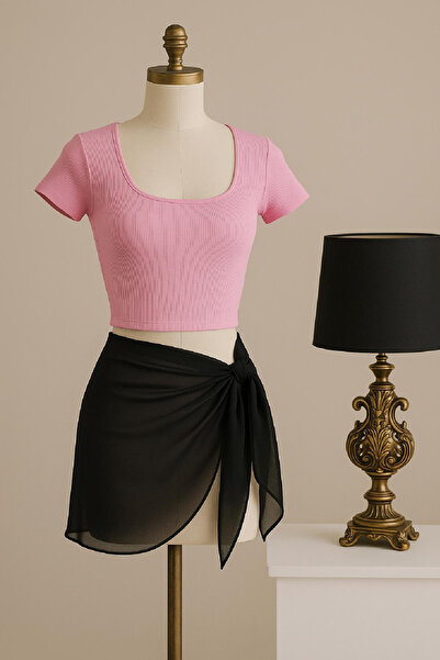 pilelistore Women's Pink Half Sleeve Crop and Black Pareo Set of 2