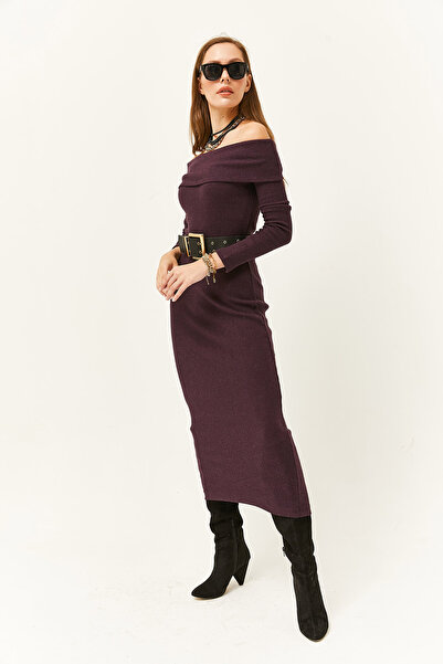 Olalook Women's Plum Madonna Collar Flexible Fleece-Lined Long Dress Elb-19002558