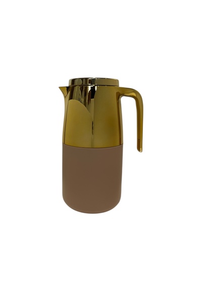 Generic A golden and pink tea thermos that keeps drinks hot for 18 hours.