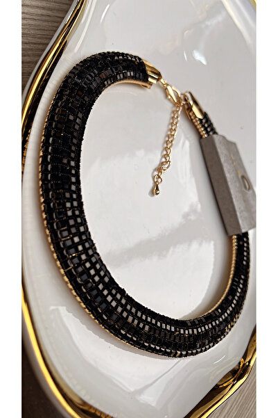 Resta Siyah Kristal Taşlı Ayarlanabilir Tasma Kolye (Choker)