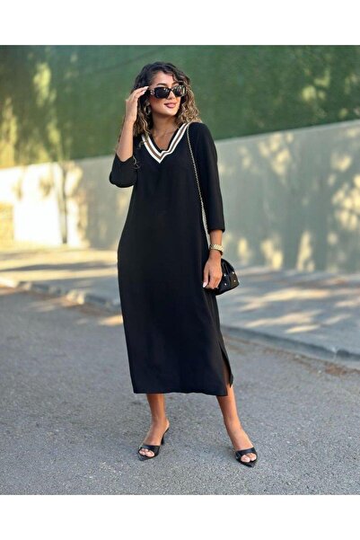Genel Markalar Kadın Uzun Kollu V şerit Yakalı Viskon Iki Iplik Elbise