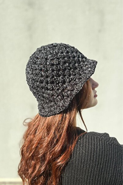 MELUSH Black Color Hand Knitted Velvet Hat, Bucket Hat, Winter Knitted Hat