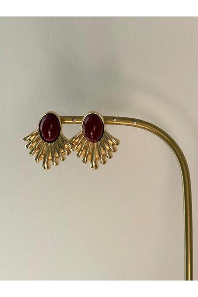 marsel aksesuar Bordo Mineli Yelpaze Model Orta Boy Gold Çelik Küpe