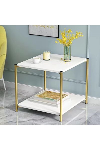 Ch A serving table for living rooms and salons with two shelves, a gold base, a modern design, and a white marble pattern.