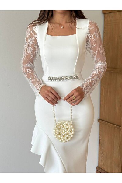 Siseniorita Women's Elegant Midi Dress with Lace Sleeves, Square Neckline and Asymmetrical Ruffle