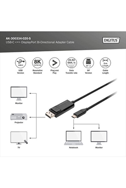 Other Cablu adaptor bidirecțional DIGITUS USB Tip-C <=> DisplayPort, 2 m | Digitus