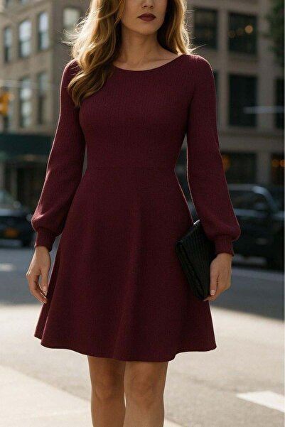 Genel Markalar Kadın Uzun Kollu Kayık Yaka Kısa Triko Elbise