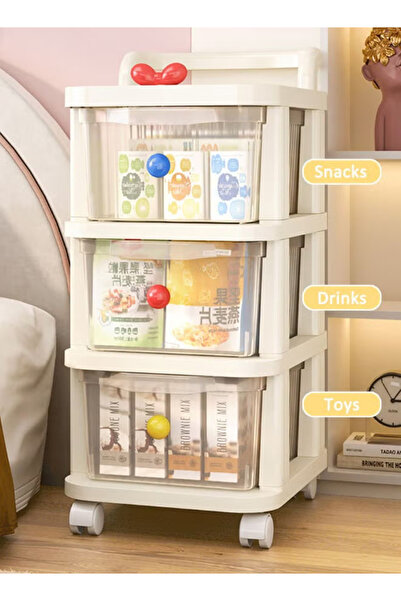 Generic Three-tier Trolley Storage Rack with Drawer, Multi-functional Plastic Shelving Storage Cart