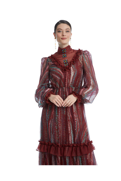 SERPİL Volan Detaylı Transparan Katlı Elbise – Yüksek Yaka