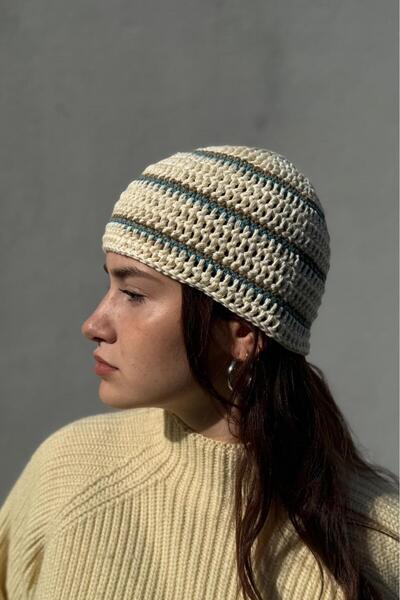 MELUSH Cream Colored Striped Knit Hat, Crochet Hair Accessory, Patterned Beanie, Unisex Crochet Hat