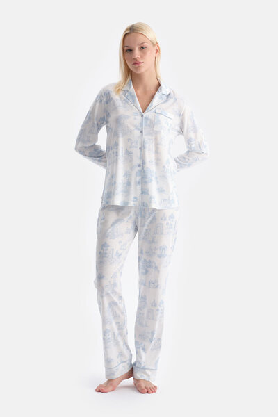 Dagi Light Blue Landscape Printed Shirt Pants Set
