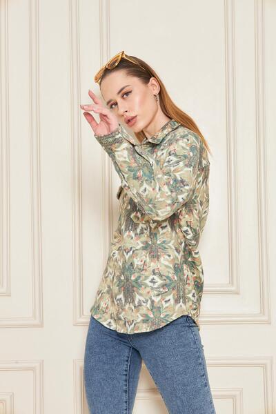 Kutaf Women's Khaki Multi-Colored Ethnic Patterned Oversize Lumberjack Shirt with Pockets