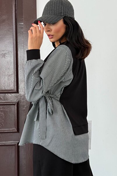 Ded COLLECTION Women's Side Tie Striped Long Sleeve Shirt Detailed Sporty Stylish Modal Set