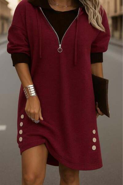 Genel Markalar Kadın Uzun Kollu Kapşonlu önden Fermuarlı Düğmeli Mini Iki Ipl...