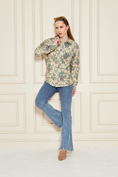 Kutaf Women's Khaki Multi-Colored Ethnic Patterned Oversize Lumberjack Shirt with Pockets