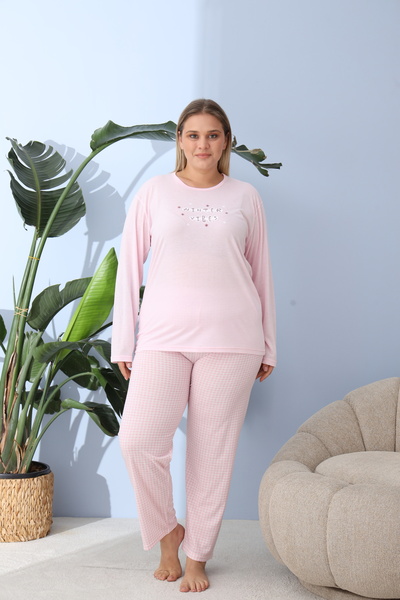 Serena Women's big size light pink pajamas, Winter Vibes print, 100% cotton