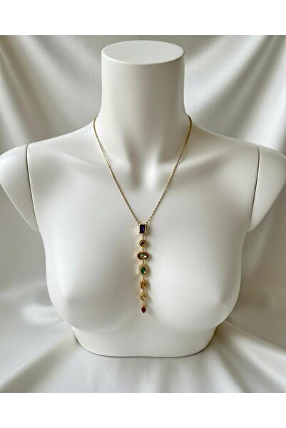 NUR TASARIM ATÖLYESİ 7 Element Y Şeklinde Çelik Kolye-Gold ve Gümüş Renk Şık ...