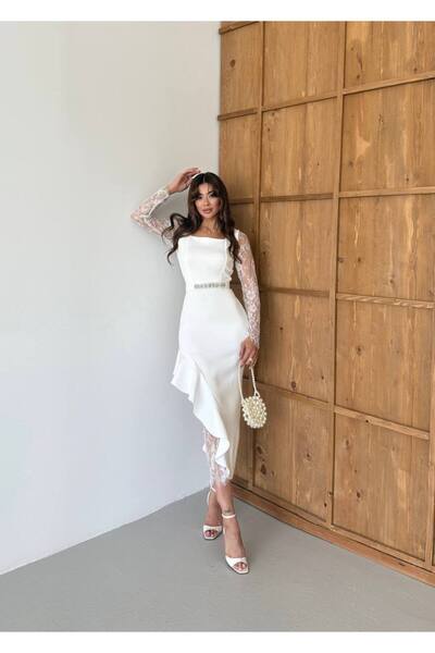 Siseniorita Women's Elegant Midi Dress with Lace Sleeves, Square Neckline and Asymmetrical Ruffle