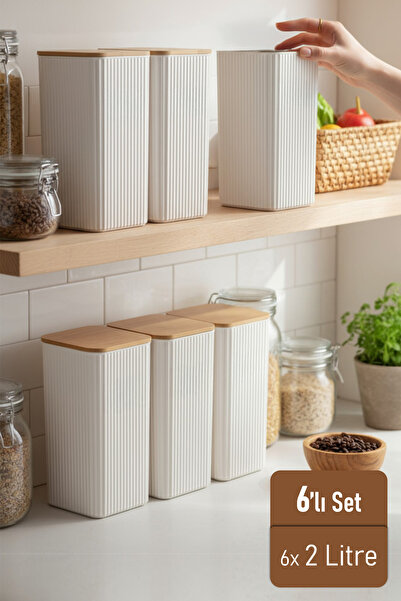 İronika 2 Liter Bamboo Lid Food Storage Container Kitchen Organizer 6 Pieces