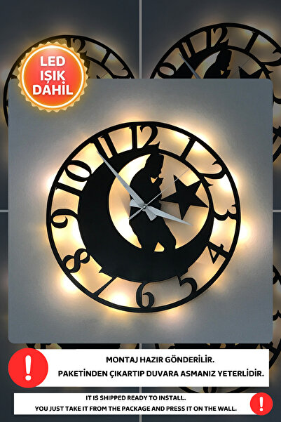 Dekorvin Led Işıklı Atatürk Duvar Saati Sessiz Dekoratif Modern Siyah Ahşap D...