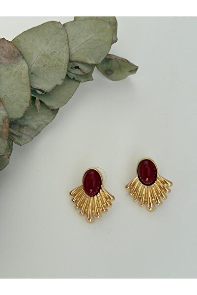 marsel aksesuar Bordo Mineli Yelpaze Model Orta Boy Gold Çelik Küpe