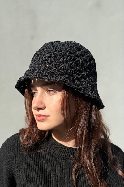 MELUSH Black Color Hand Knitted Velvet Hat, Bucket Hat, Winter Knitted Hat