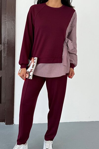 Ded COLLECTION Women's Side Tie Striped Long Sleeve Shirt Detailed Sporty Stylish Modal Set