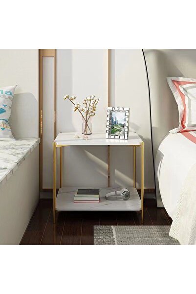 Ch A serving table for living rooms and salons with two shelves, a gold base, a modern design, and a white marble pattern.