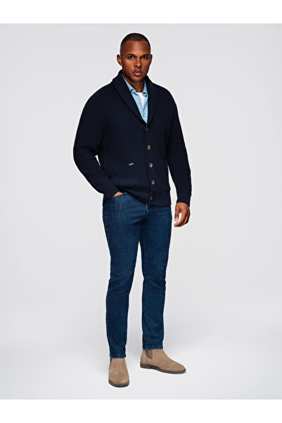 OMBRE Pulover bărbătesc din bumbac cu guler șal - bleumarin OM-SWCD-0153