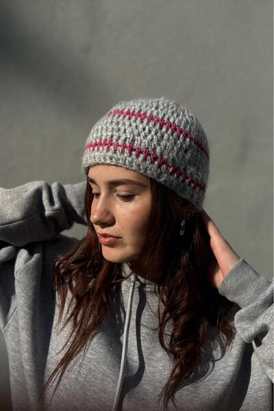MELUSH Grey Pink Striped Fuzzy Knit Hat, Crochet Hair Accessory, Patterned Beanie, Unisex Crochet Hat